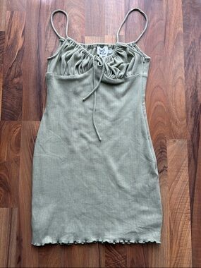 Princess Polly Woman’s Size 8 Sage Ribbed Spaghetti-Strap Mini Dress
